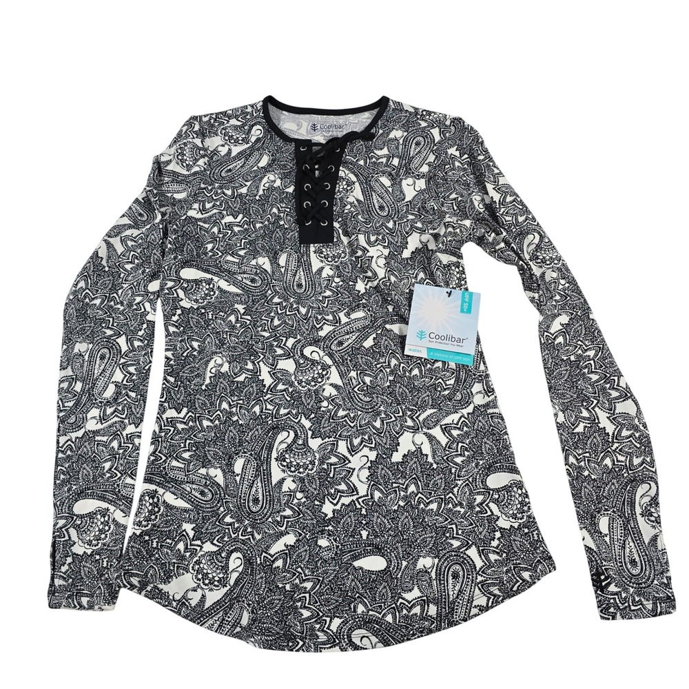 NWT Coolibar Womens Lace-Up Rash Guard UPF 50+ Paisley Print Long Sleeve Size S